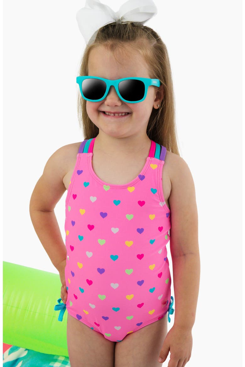 Kids' Colorful Heart Strappy UPF 50+ One-Piece Swimsuit, Alternate, color, PINK