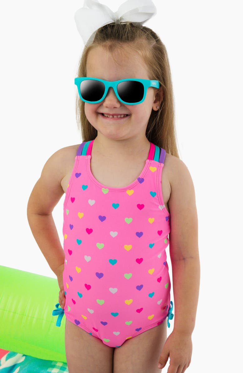 RuffleButts Kids' Colorful Heart Strappy UPF 50+ One-Piece Swimsuit, Alternate, color, Pink