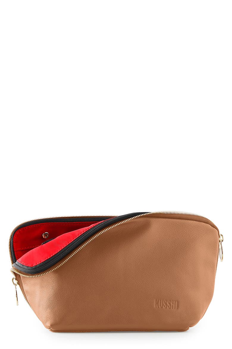Signature Leather Makeup Bag, Main, color, CAMEL LEATHER/ RED
