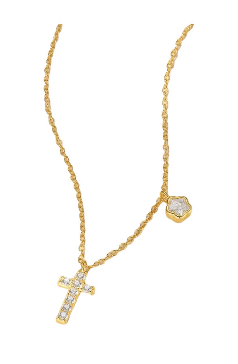 Hollywood Sensation Cross Necklace with Sparkling CZ and Floral Charm, Alternate, color, Gold