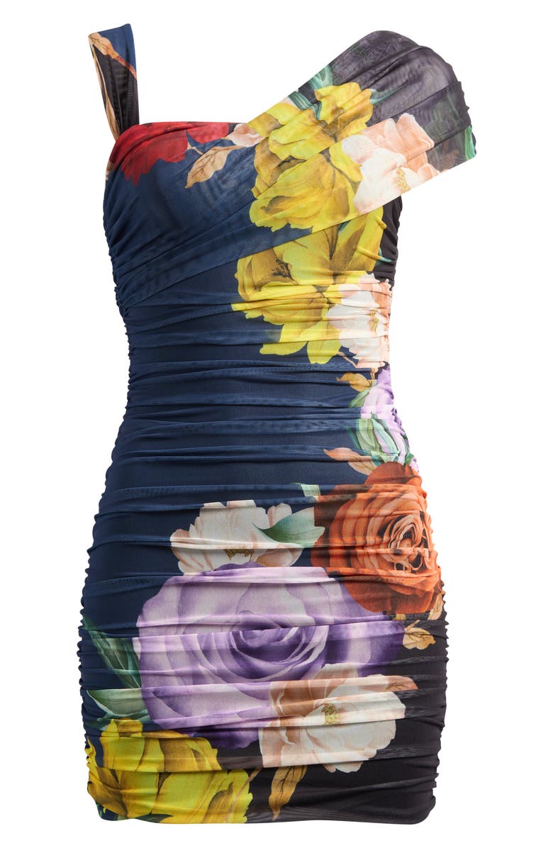 AFRM Otto Floral Print Ruched Mesh Minidress, Alternate, color, Citron Block Floral