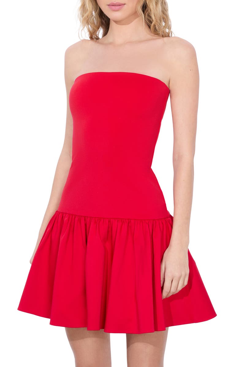 Alice + Olivia Oriana Strapless Mixed Media Minidress, Alternate, color, Bright Ruby