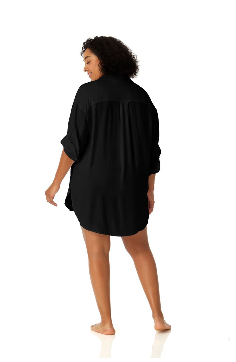 Anne Cole Women's Plus Live In Color Button Down Shirt Swimsuit Cover Up, Alternate, color, Black