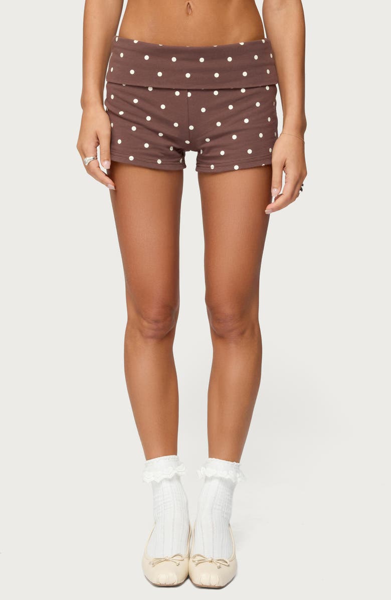 EDIKTED Chelsie Polka Dot Foldover Shorts, Main, color, Brown