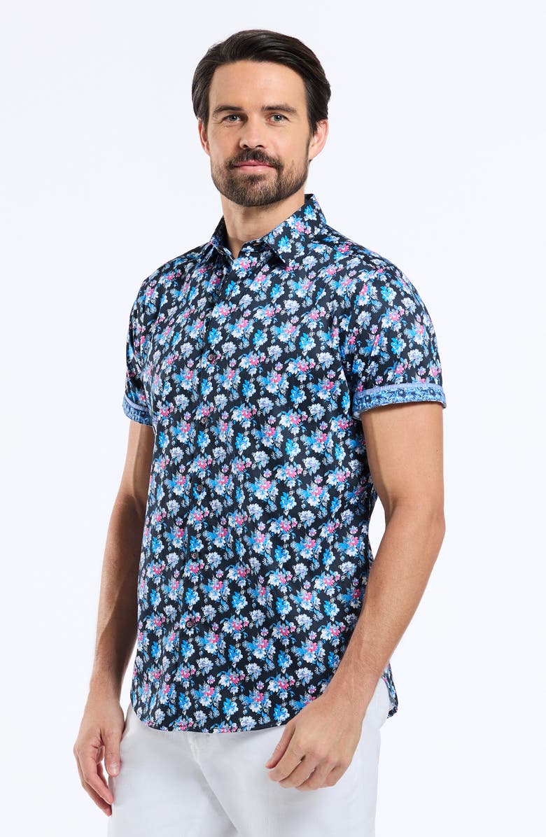 Robert Graham Alred Short Sleeve Cotton Button-Up Shirt, Alternate, color, Blue