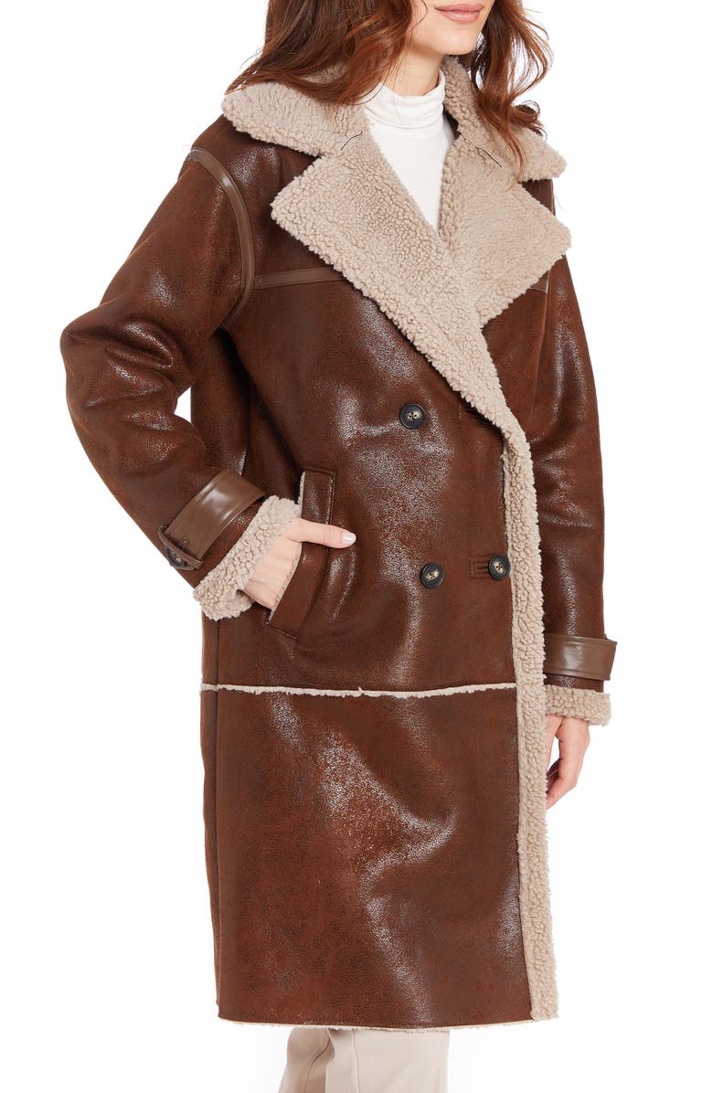 Frye Faux Shearling Lined Faux Leather Coat, Alternate, color, Luggage