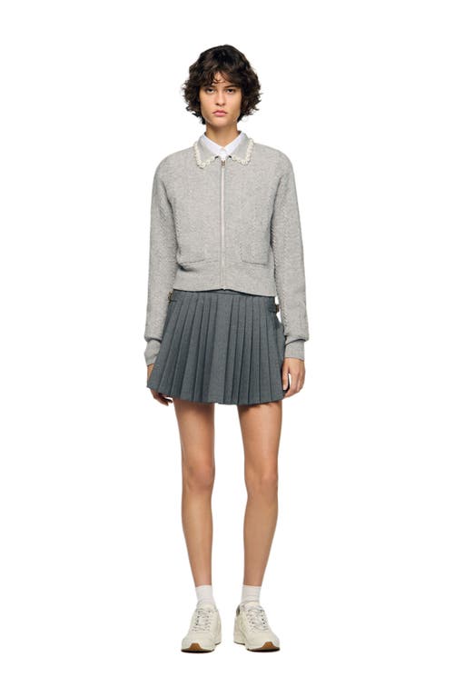 Sandro Cardigan With Beaded Collar In Gray