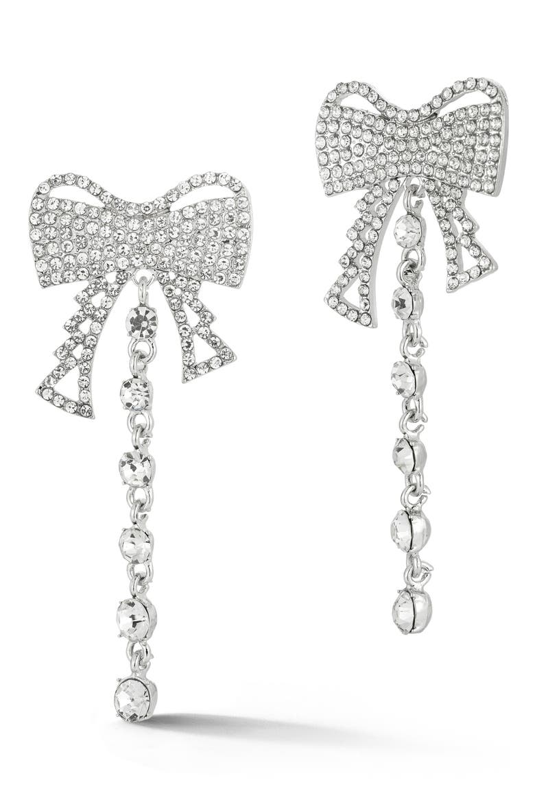 Pavé Bow Drop Earrings, Main, color, SILVER