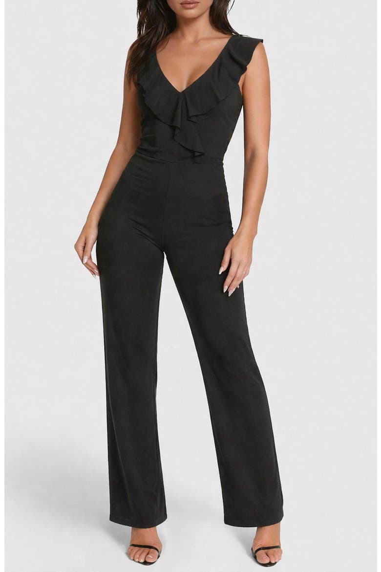 Scuba Crepe Ruffle V-Neck Jumpsuit, Main, color, BLACK