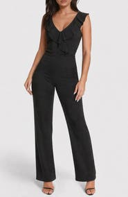 bebe Scuba Crepe Ruffle V-Neck Jumpsuit