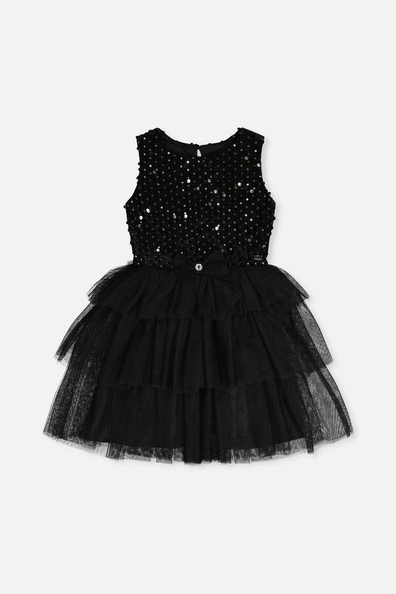 Bi-Material Sparkle Velour Tiered Mesh Sleeveless Dress, Main, color, Black