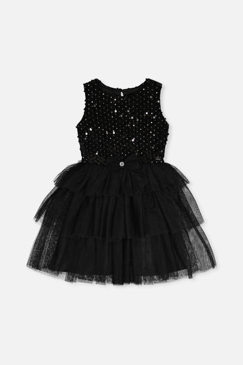 Bi-Material Sparkle Velour Tiered Mesh Sleeveless Dress