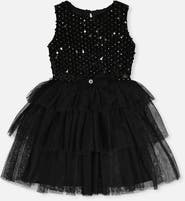 Deux par Deux Bi-Material Sparkle Velour Tiered Mesh Sleeveless Dress