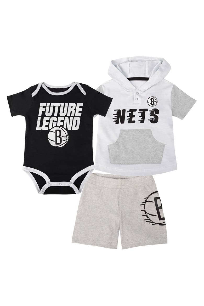 Infant Black/White/Gray Brooklyn Nets Bank Shot Bodysuit, Hoodie T-Shirt & Shorts Set, Main, color, Black