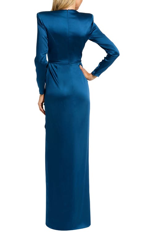Mac Duggal Long Sleeve Structured Bow Draped Gown In Ocean Blue