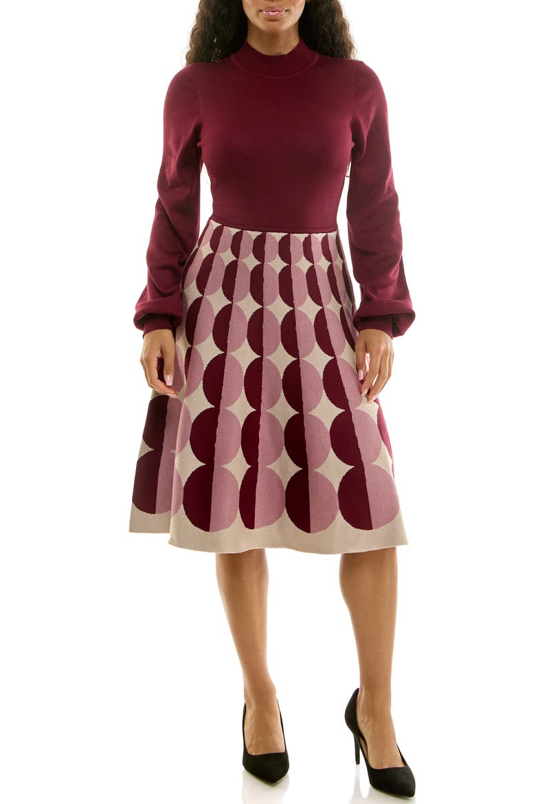 Mock Neck Long Sleeve Sweater Dress, Main, color, DEEP WINE MULTI