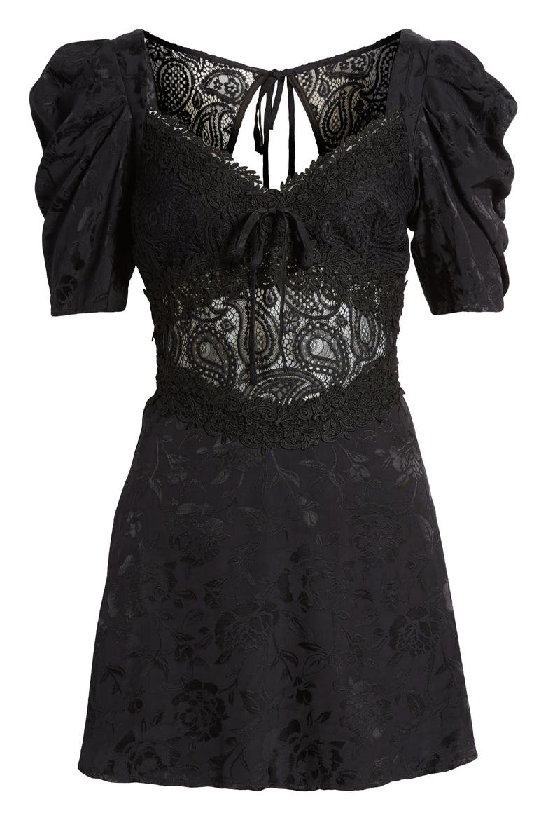 Danielle Open Back Lace & Damask Minidress, Alternate, color, BLACK