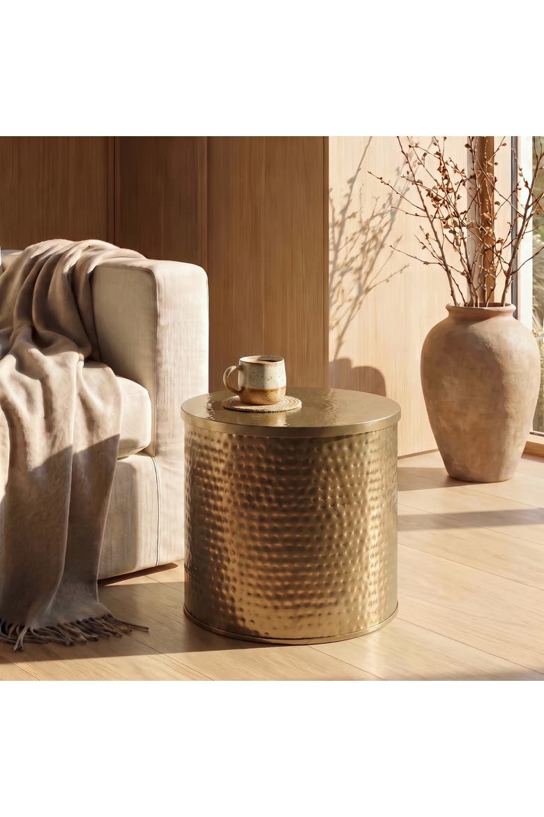 Round Hammered Metal Drum Table or Planter with Lid, Alternate, color, Brass