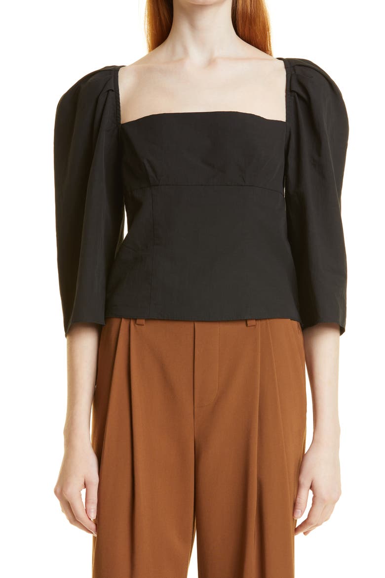 Square Neck Puff Sleeve Cotton Blouse, Main, color, 001BLK-BLACK