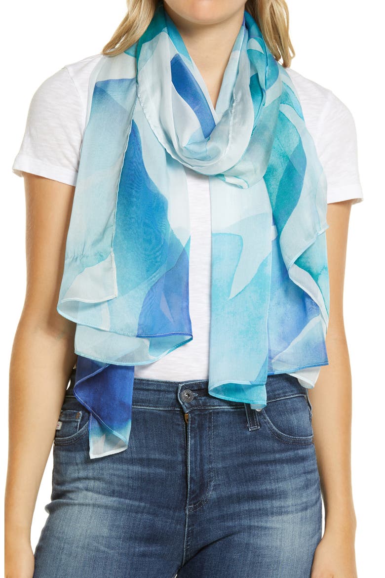 Silk Chiffon Oblong Scarf, Main, color, BLUE LAYERED LEAVES PRINT