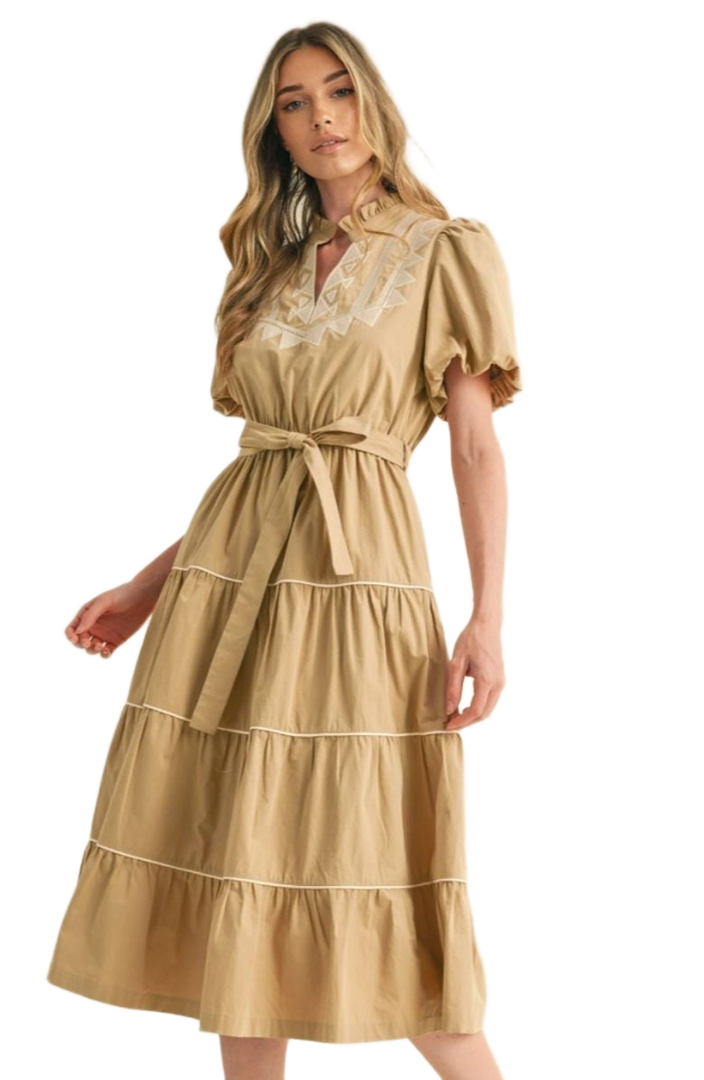 Knit and Lounge Embroidered Tiered Puff-Sleeve Tie-Waist Midi Dress, Alternate, color, 