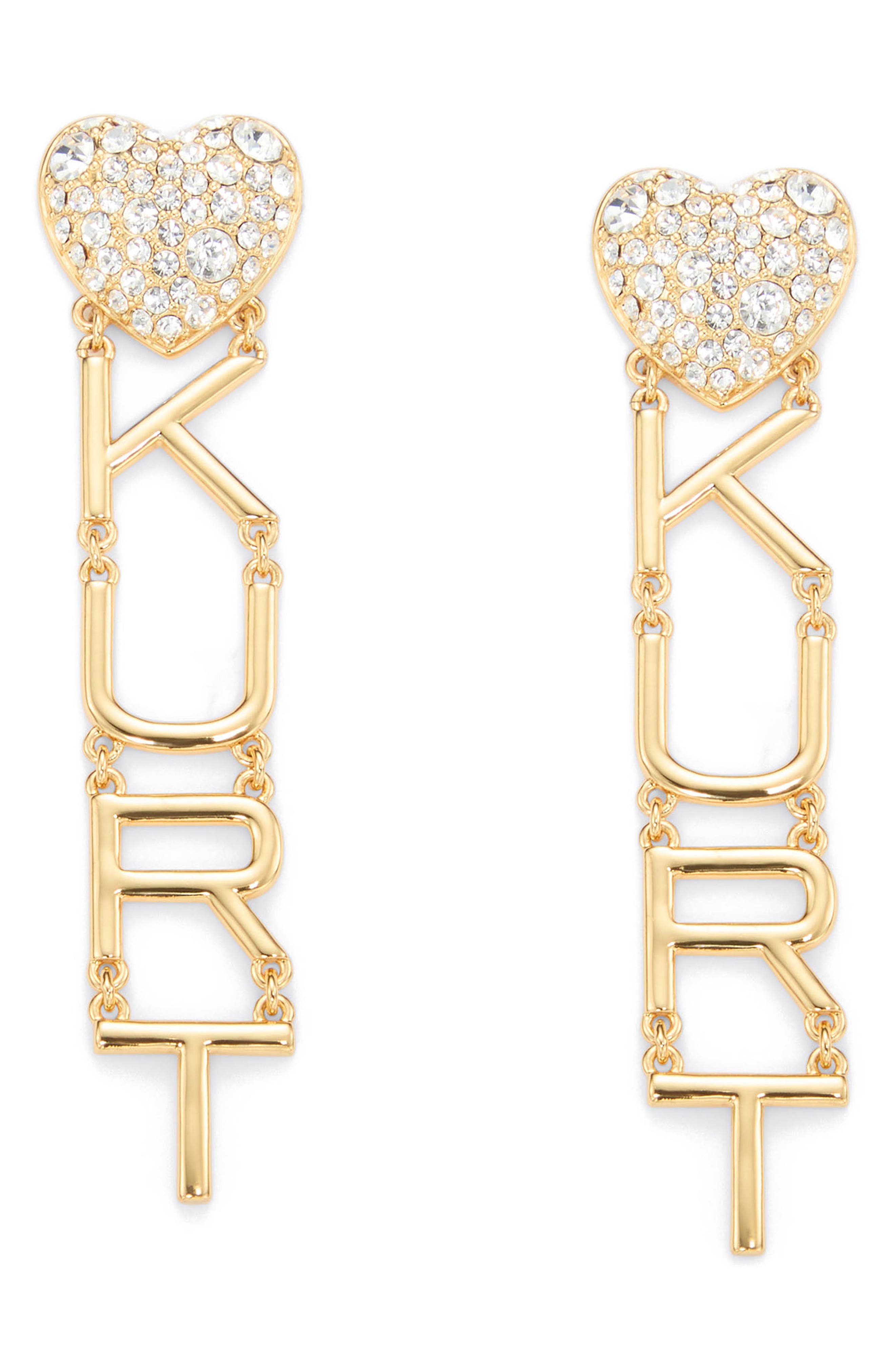 Kurt Geiger London Pavè Heart Kurt Logo Drop Earrings In Gold