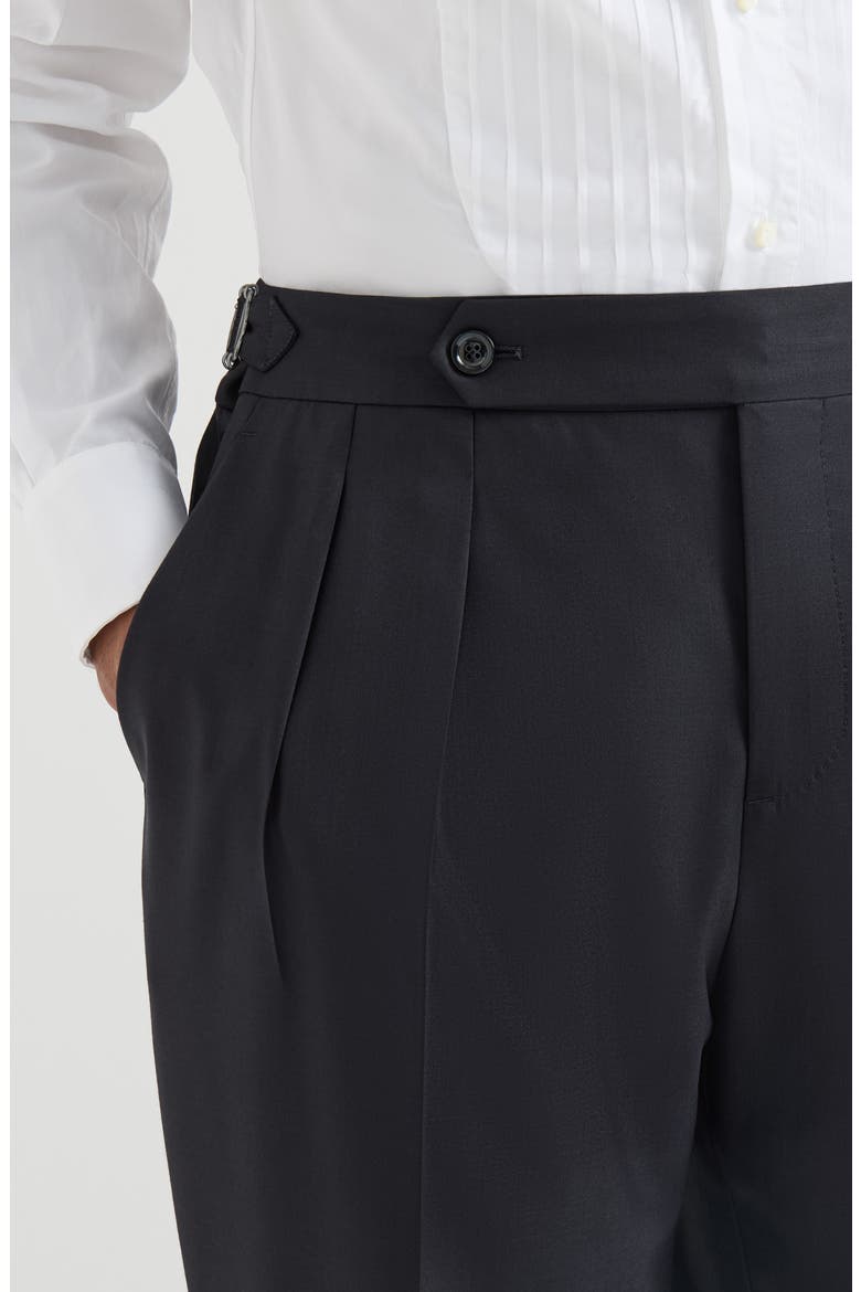 Virgin wool and silk lightweight twill tuxedo trousers with double pleats and waist tabs, Alternate, color, Navy Blue