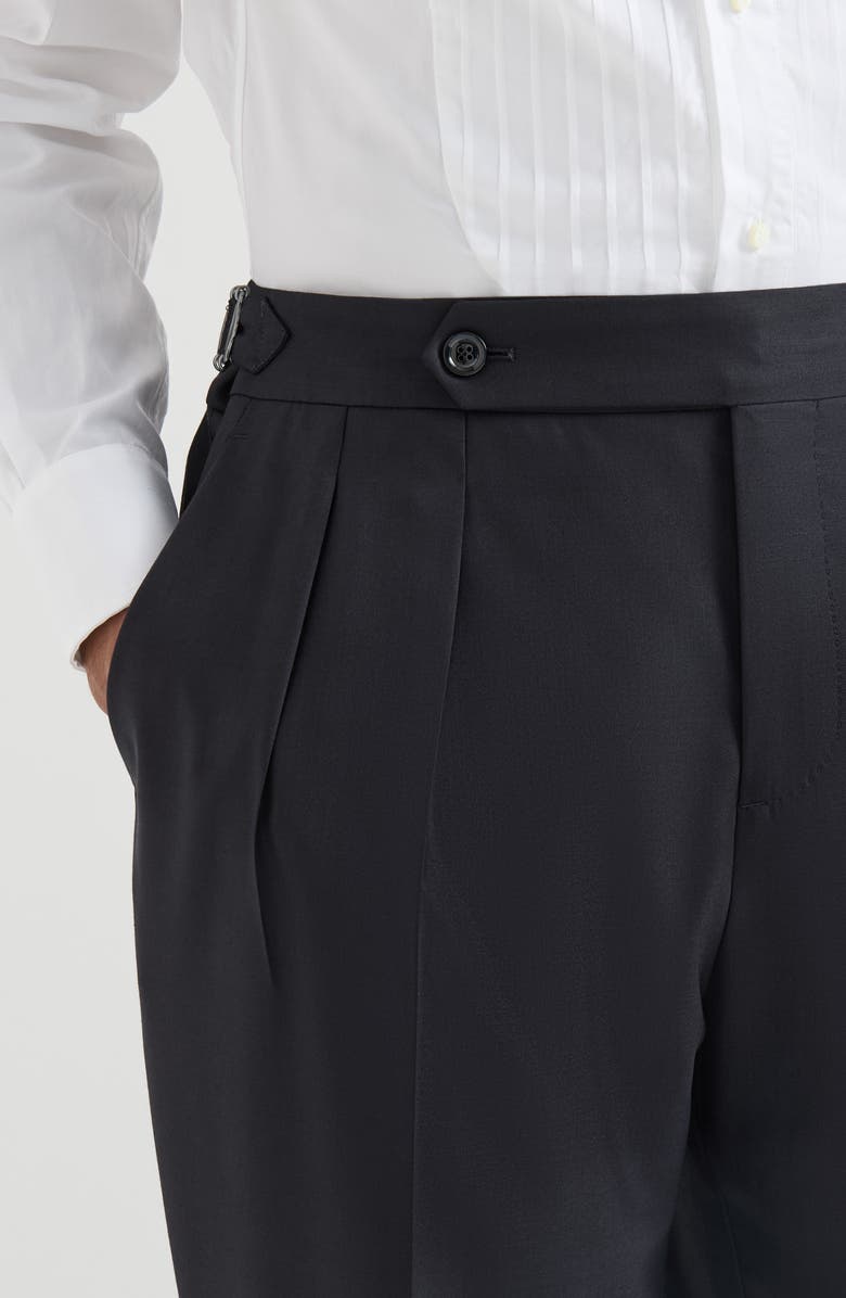 Brunello Cucinelli Virgin wool and silk lightweight twill tuxedo trousers with double pleats and waist tabs, Alternate, color, Navy Blue