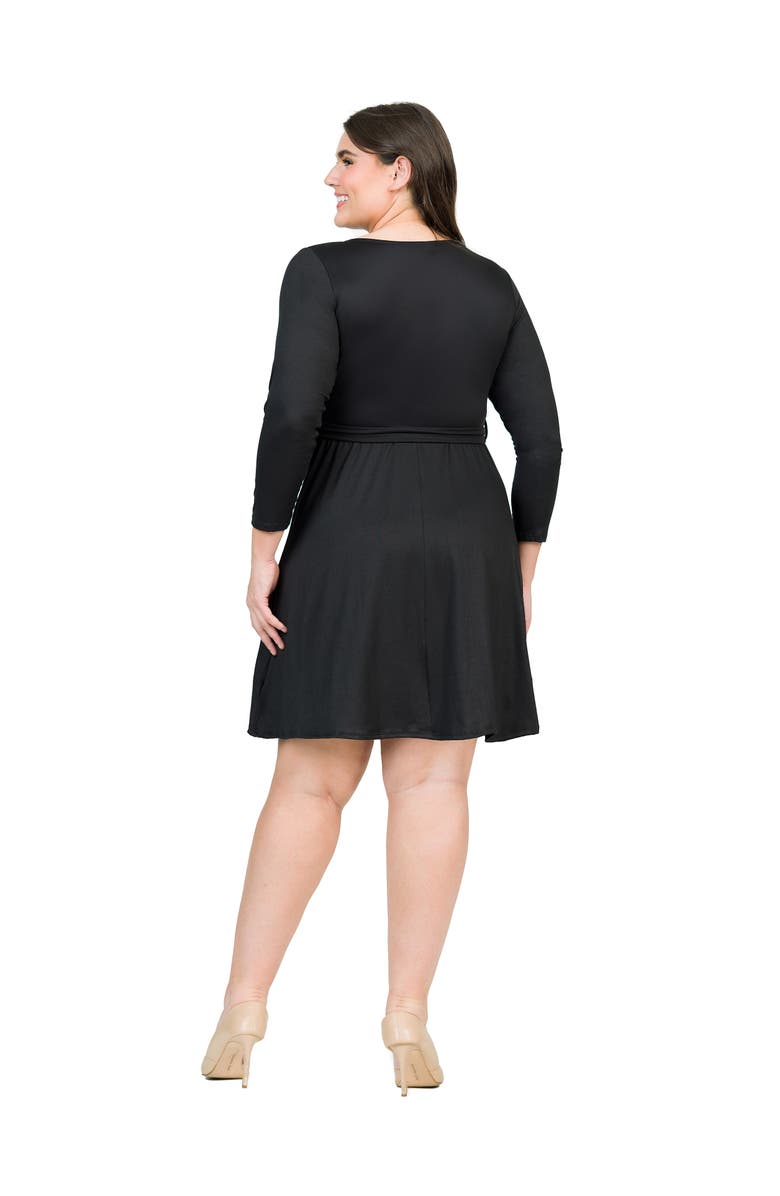 24seven Comfort Apparel Plus Size Chic V-Neck Long Sleeve Belted  Dress, Alternate, color, Black