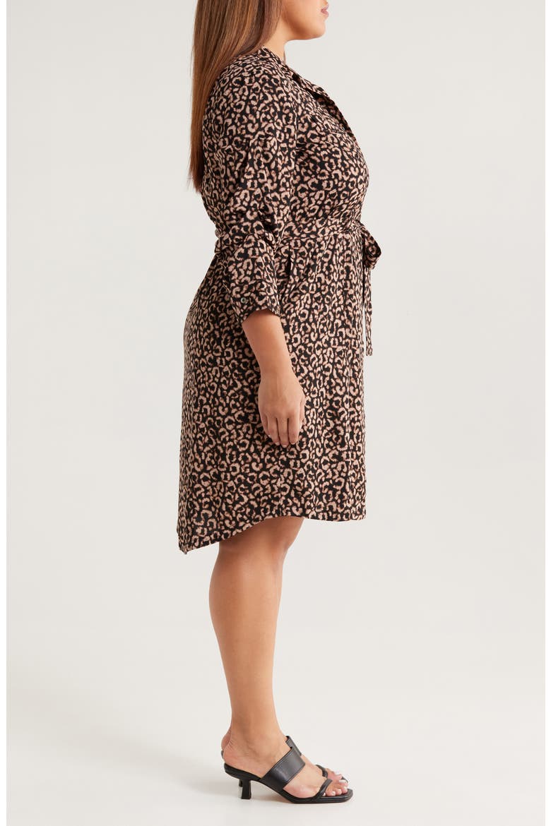 Abstract Animal Print Ruched Sleeve Trench Shirtdress, Alternate, color, BROWN MULTI