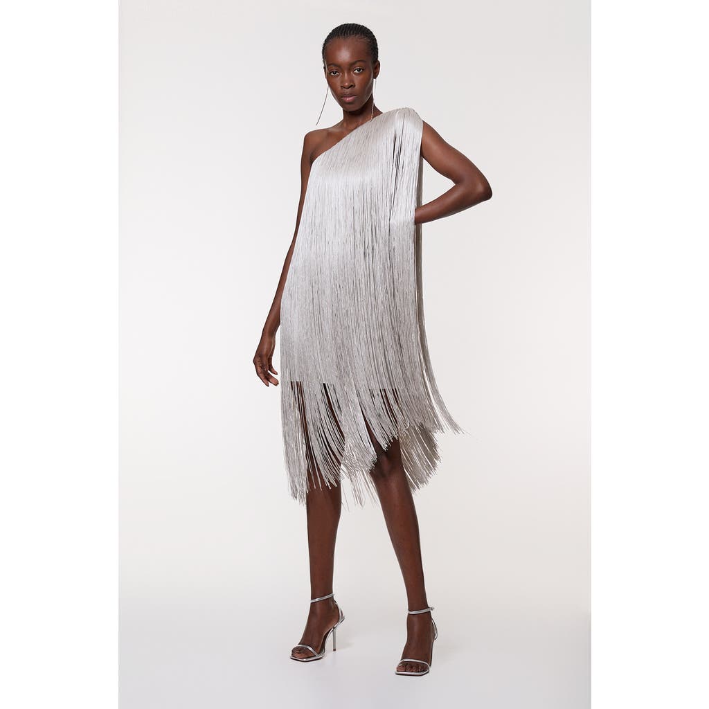 Karen Millen Fringe Mini Knit Dress In Silver