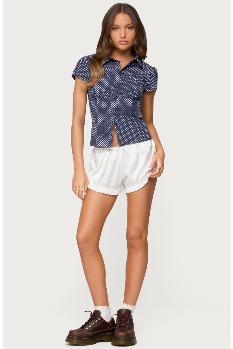Polka Dot Short Sleeve Tailored Cotton Button-Up Shirt, Alternate, color, NAVY