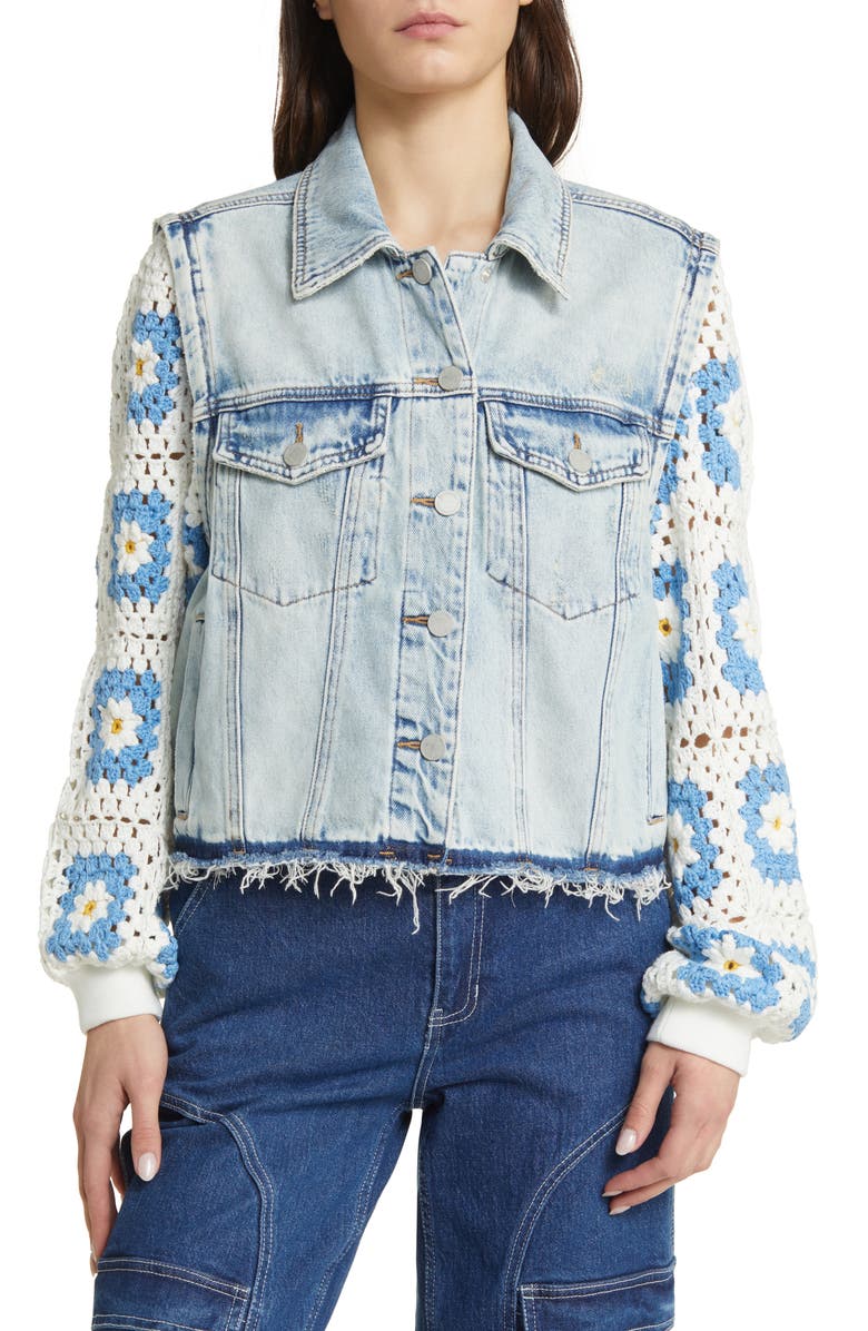 BLANKNYC Crochet Sleeve Distressed Denim Trucker Jacket, Alternate, color, 