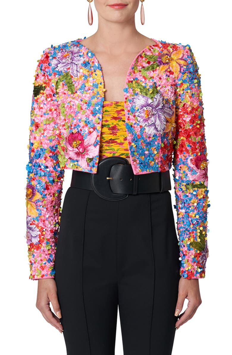 Carolina Herrera Floral Beaded Crop Jacket, Main, color, 