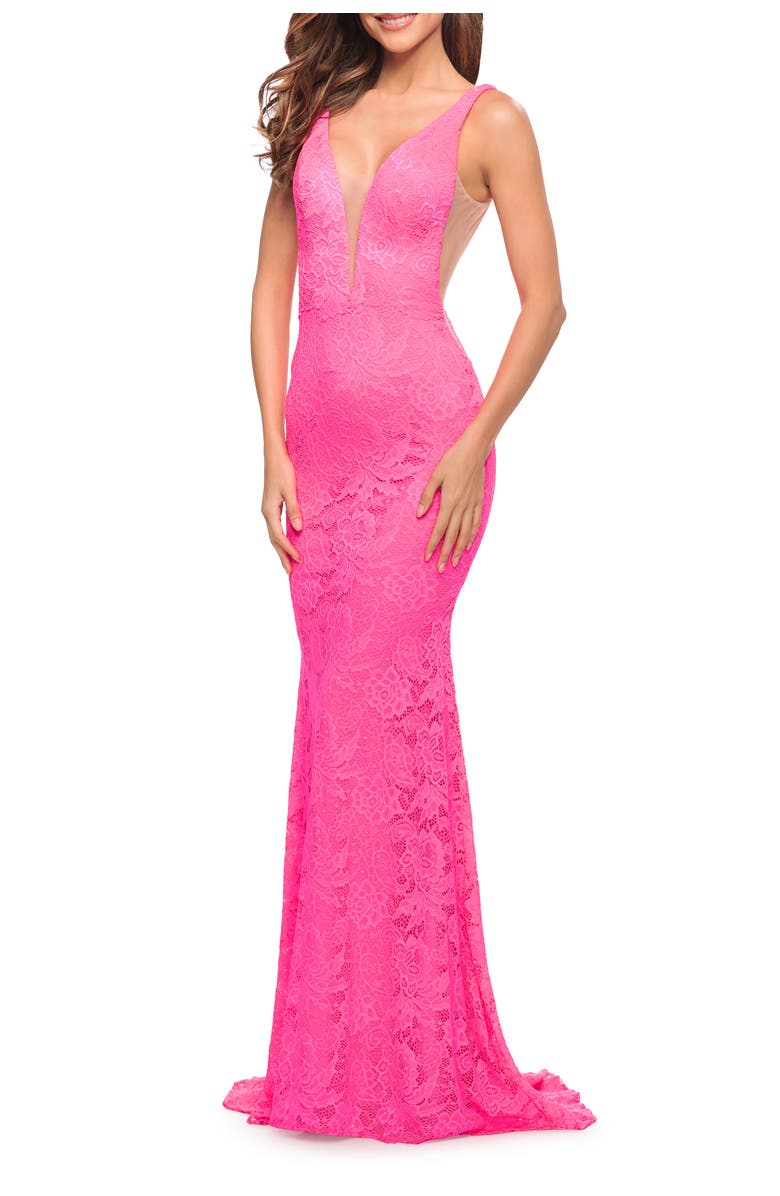 La Femme Chic Stretch Neon Pink Lace Gown with Deep V Neckline, Alternate, color, Neon Pink