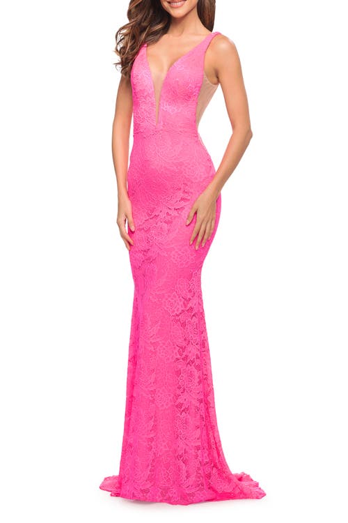 La Femme Chic Stretch Neon Pink Lace Gown With Deep V Neckline In Neon Pink