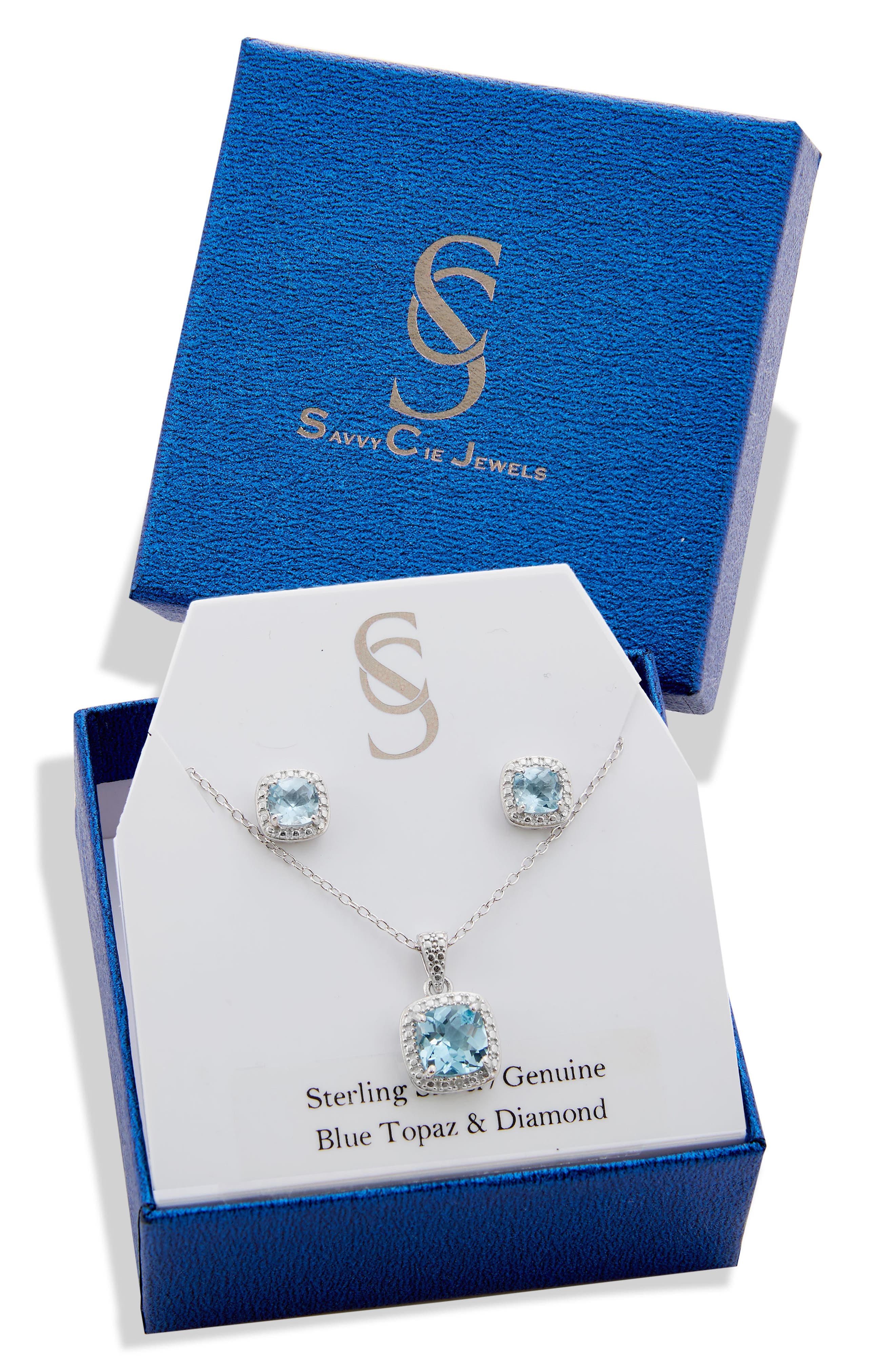 SAVVY CIE JEWELS Stone Pendant Necklace & Cushion Stud Earrings Box Set