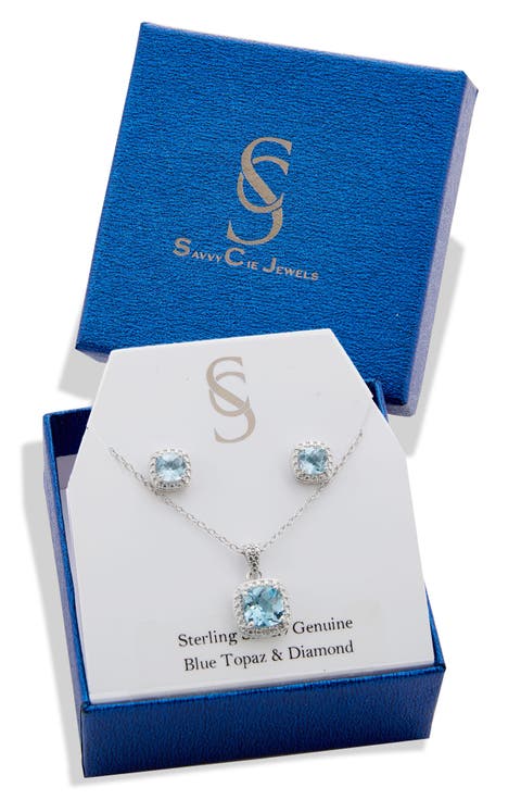 Stone Pendant Necklace & Cushion Stud Earrings Box Set