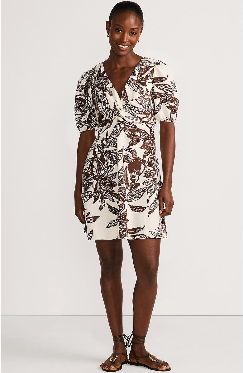 Lands' End Linen Above the Knee Puff Sleeve Dress, Main, color, Vanilla/Bark Etched Leaves