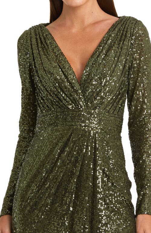 Mac Duggal Sequined Long Sleeve High Slit Gown In Olive