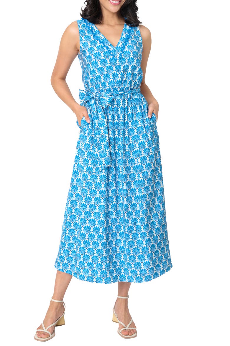 Bella Evening Tie Belt Maxi Dress, Main, color, BLUE MEDALLION PRINT