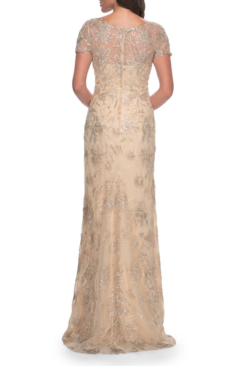 Gorgeous Beaded Long Gown with Short Sleeves and V Neck, Alternate, color, Light Gold