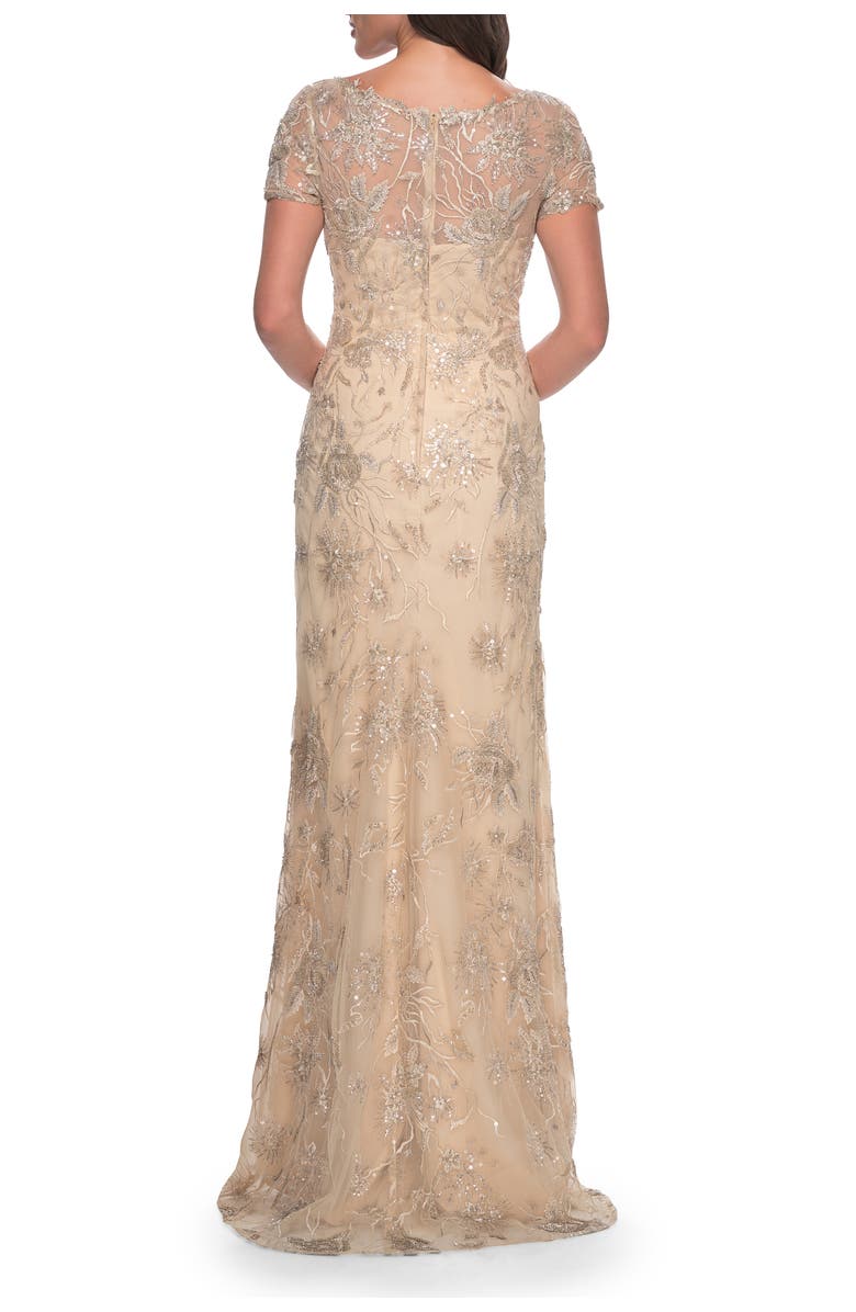 La Femme Gorgeous Beaded Long Gown with Short Sleeves and V Neck, Alternate, color, Light Gold