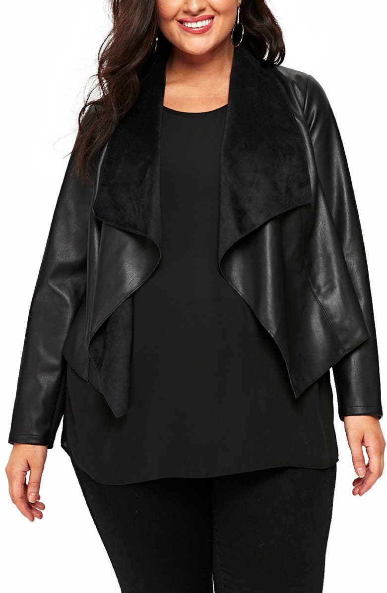 Evans Drape Lapel Faux Leather Jacket, Main, color,