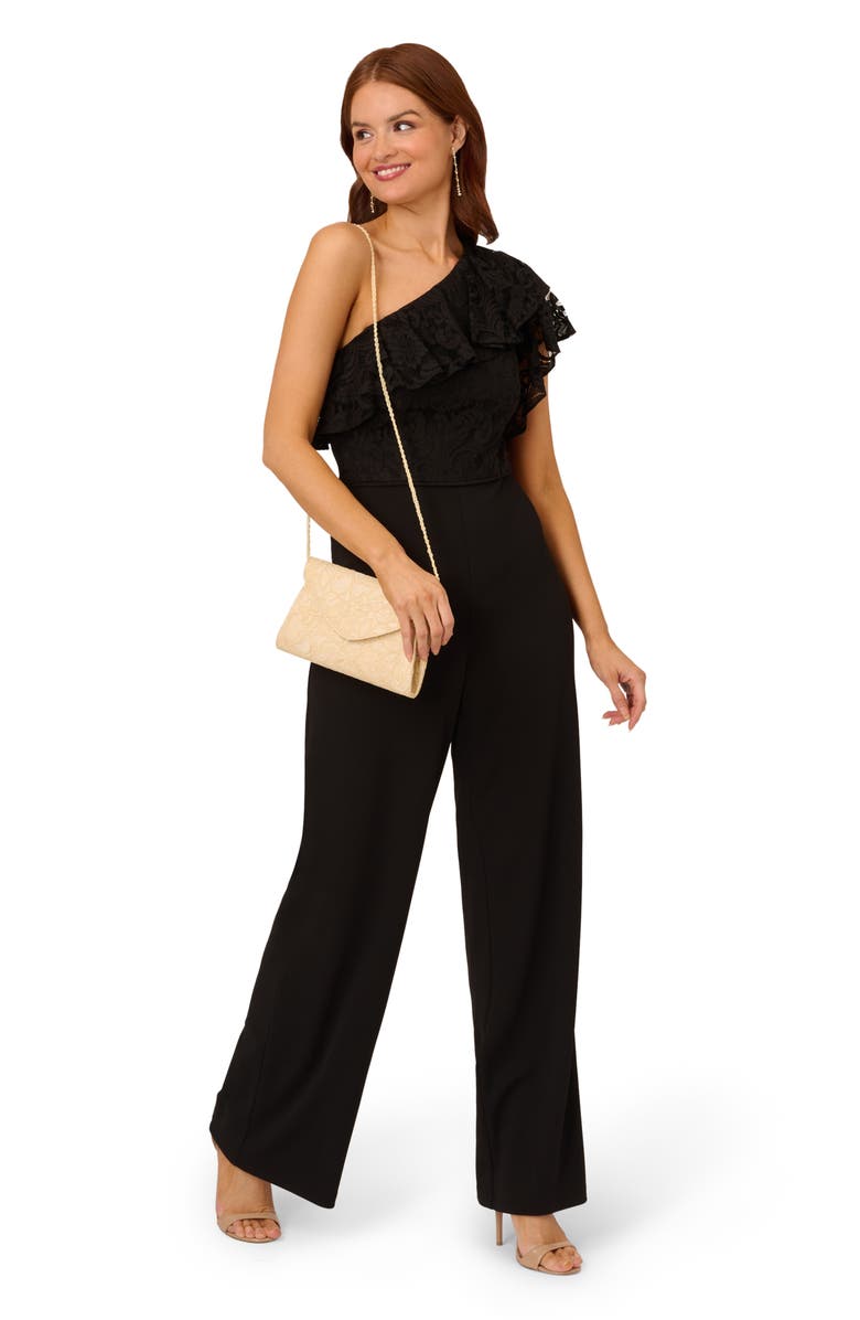 Adrianna Papell Lace Crepe Ruffle One-Shoulder Jumpsuit, Alternate, color,