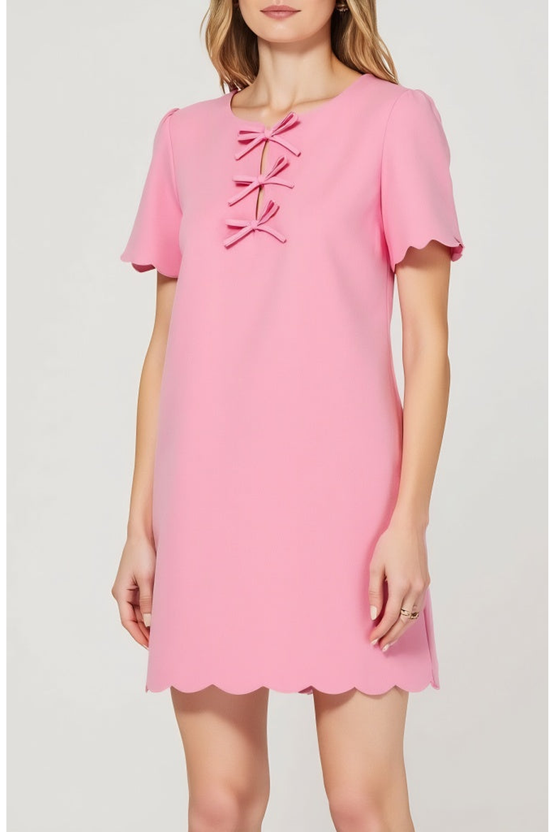 Scallop Hem Shift Dress with Front Bow Tie Detail and Keyhole Neckline, Alternate, color, Pink