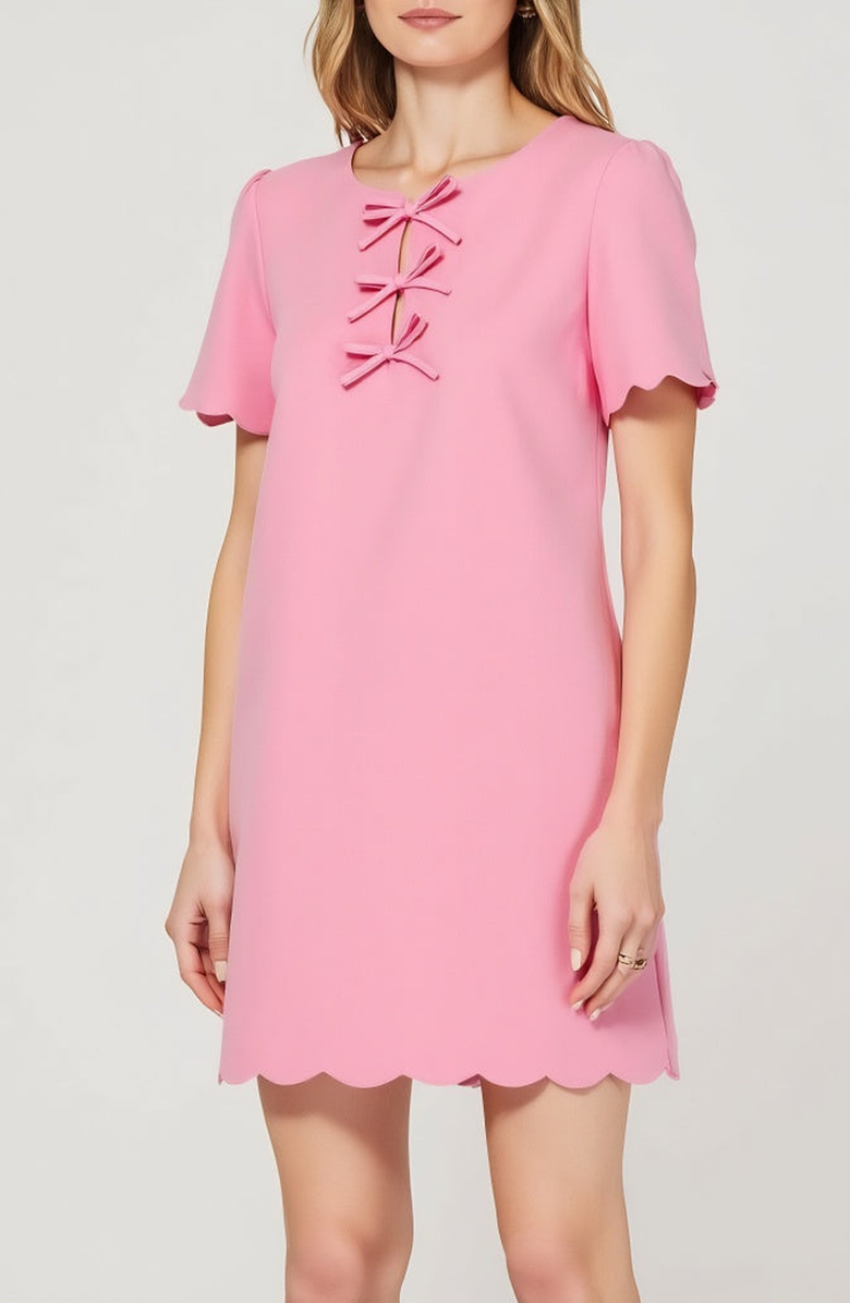 Modenaire Scallop Hem Shift Dress with Front Bow Tie Detail and Keyhole Neckline, Alternate, color, Pink
