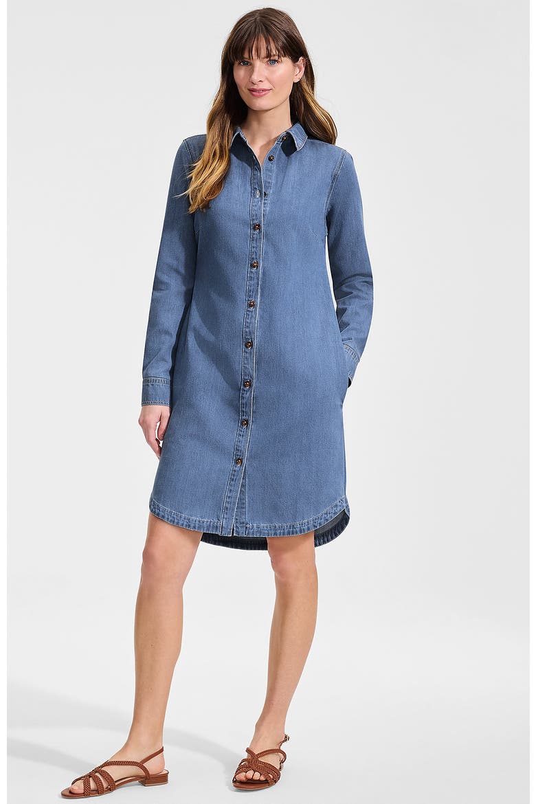 Linen Long Sleeve Button Front Shirt Dress, Main, color, Medium Blue Wash