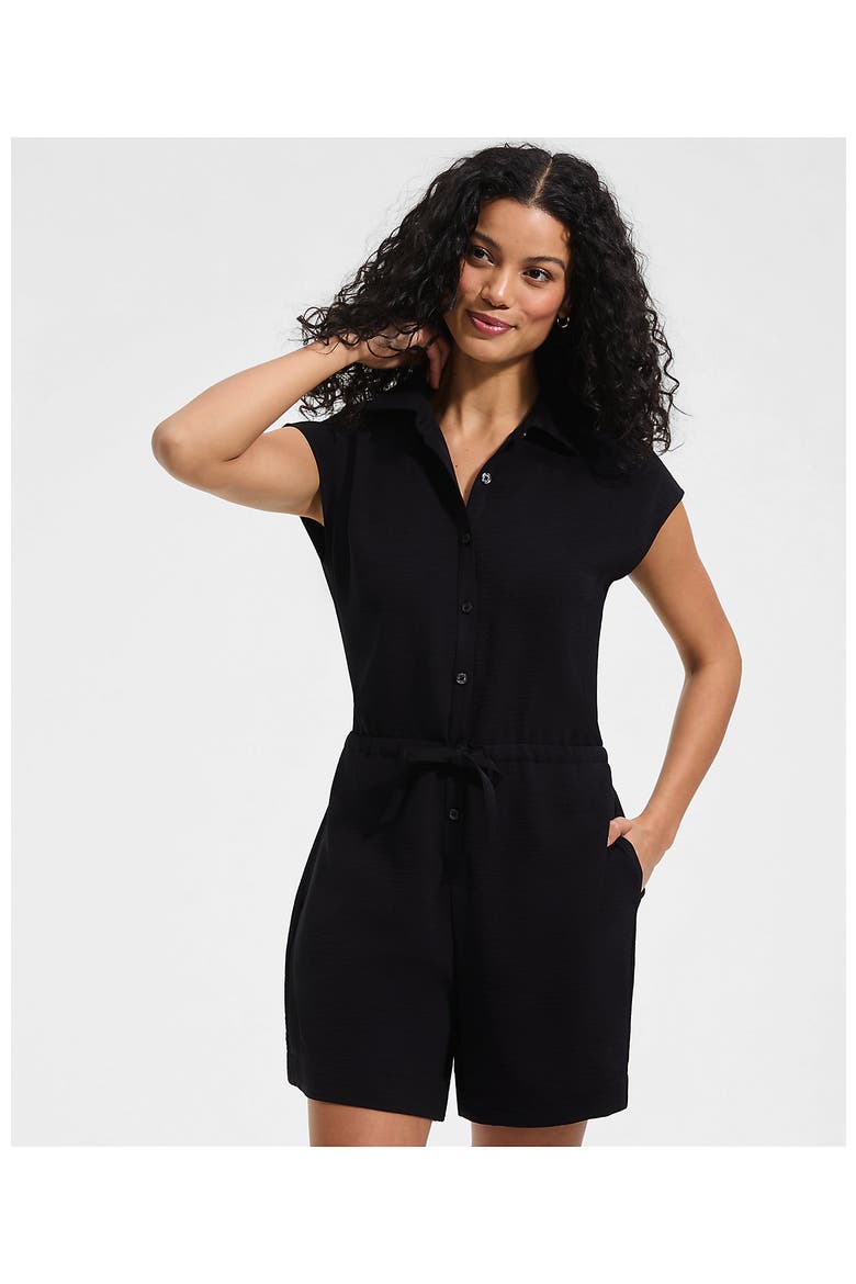Cap Sleeve Creaseless Button-Down Romper, Alternate, color, Black