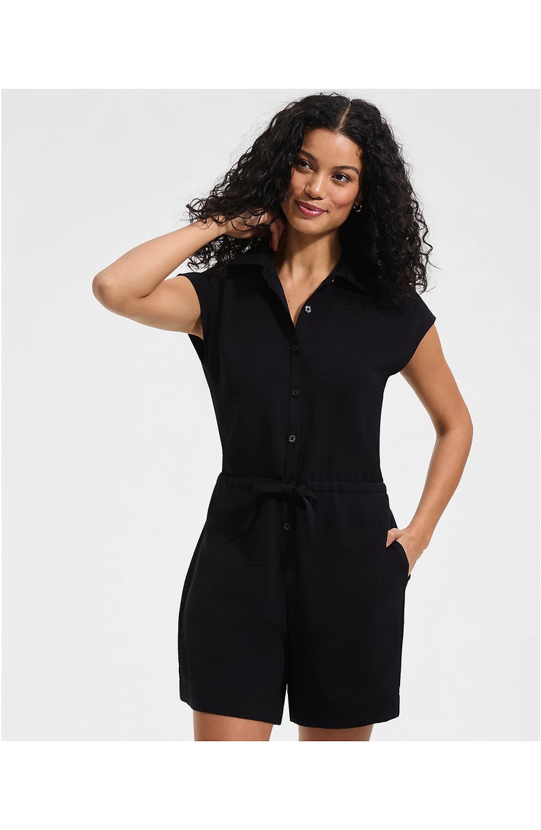 Lands' End Cap Sleeve Creaseless Button-Down Romper, Alternate, color, Black